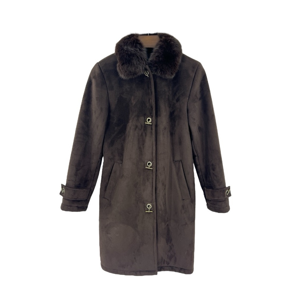Dana Buchman Elegant Brown Fur-Collar Toggle Closure Suede Fur lined Coat S New